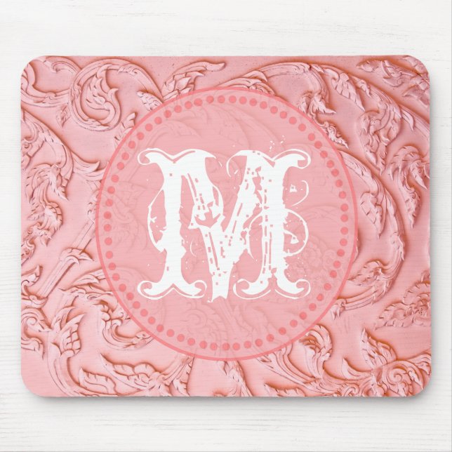 Pink Filigree Wood Monogram Initial Mouse Pad Mousepad (Vorne)