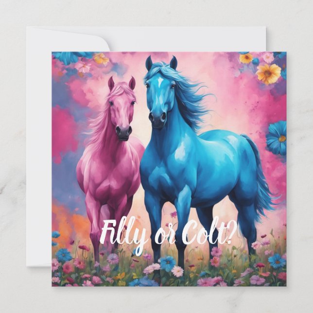 Pink Filly & Blue Colt Western Style Gender Reveal Einladung (Vorderseite)