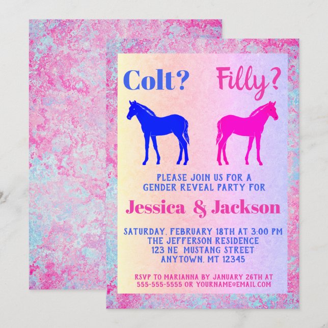 Pink Filly & Blue Colt Western Style Gender Reveal Einladung (Vorne/Hinten)