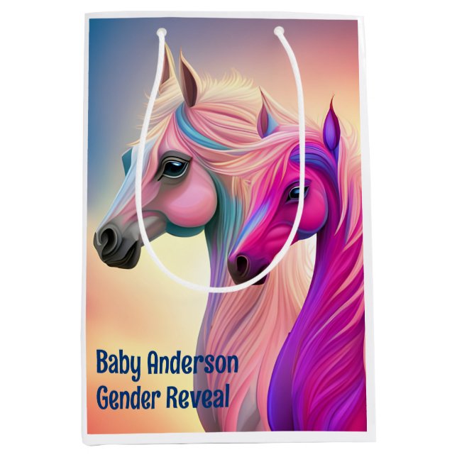 Pink Filly & Blue Colt Western Style Gender Reveal Mittlere Geschenktüte (Vorderseite)