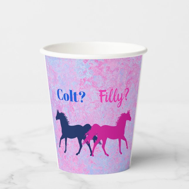Pink Filly & Blue Colt Western Style Gender Reveal Pappbecher (Vorderseite)