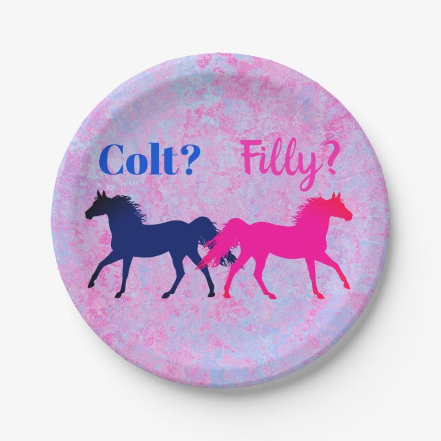 Pink Filly & Blue Colt Western Style Gender Reveal Pappteller (Vorderseite)