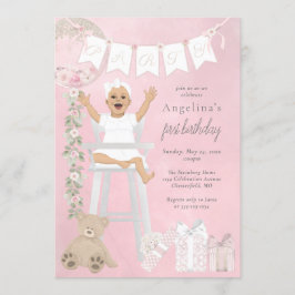 Pink First Birthday Baby Girl Einladung