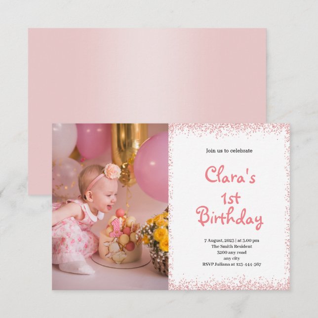 Pink First Birthday Baby Girl Foto Einladung (Vorne/Hinten)