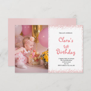 Pink First Birthday Baby Girl Foto Einladung