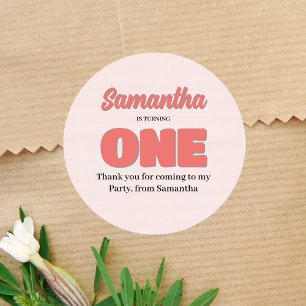 Pink First Birthday Girl Party Floral Runder Aufkleber