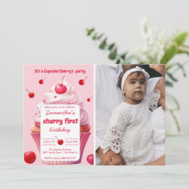 Pink First Cherry & Cupcake Geburtstagsparty Foto Einladung