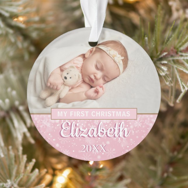 Pink First Christmas Baby's Fotos Schneeflocken Ornament (Baum)