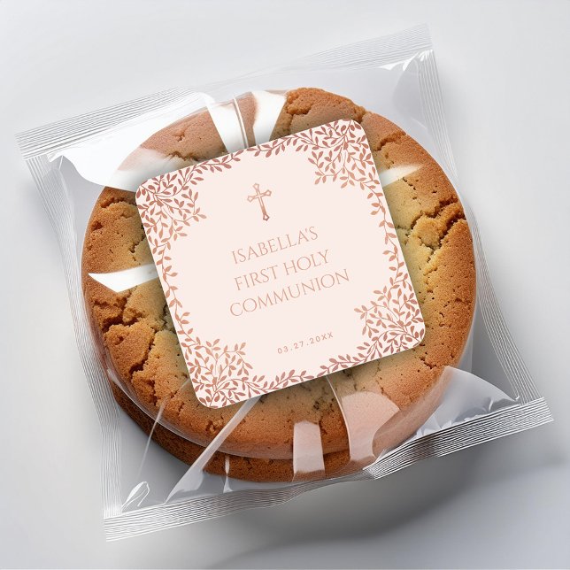 Pink First Communion Girl Rose Gold Blätter Elegan Quadratischer Aufkleber (Von Creator hochgeladen)
