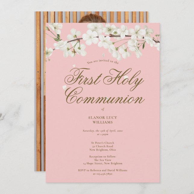 Pink First Holion White Blossom Foto Einladung (Vorne/Hinten)