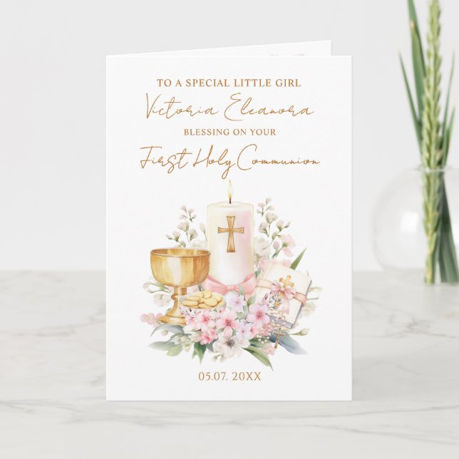 Pink First Holy Communion Chalice Candle Karte (Vorderseite)