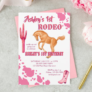 Pink First Rodeo Cowgirl Geburtstagsgeschenk Vorla Einladung