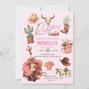 Pink First Rodeo Cowgirl Western Birthday Party Einladung