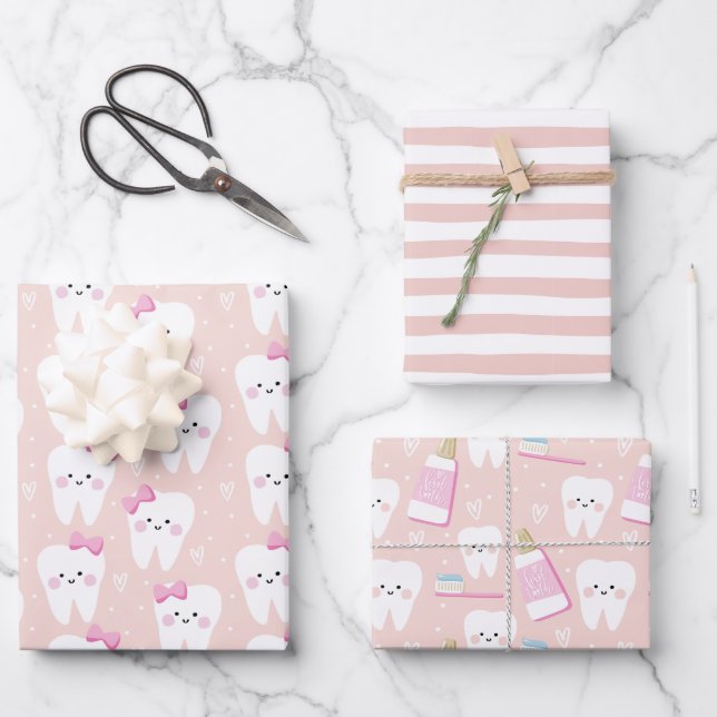 Pink First Tooth Wrapping Paper Blatt Set 3 (Vorderseite)