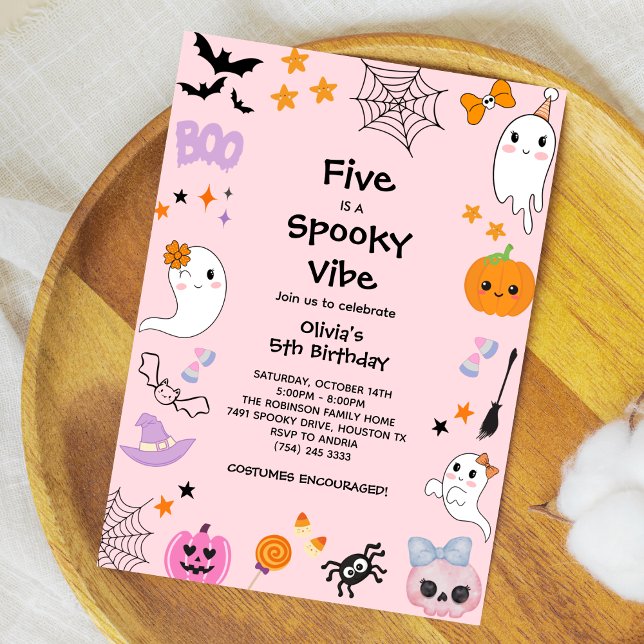 Pink Five ist ein Spooky Vibe Halloween 5. Geburts Einladung (Pink Five is a Spooky Vibe Girl Halloween 5th Birthday Invitation )