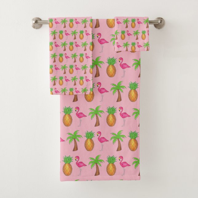 Pink Flamingo Ananas Palm Tree Tropical Island Badhandtuch Set (Insitu)
