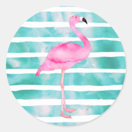 Pink Flamingo Aquamarin Blue Stripes Modern Runder Aufkleber