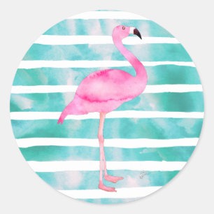 Pink Flamingo Aquamarin Blue Stripes Modern Runder Aufkleber