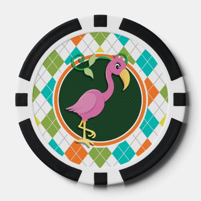 Pink Flamingo auf farbenfrohe Raute Muster Pokerchips (Vorderseite)
