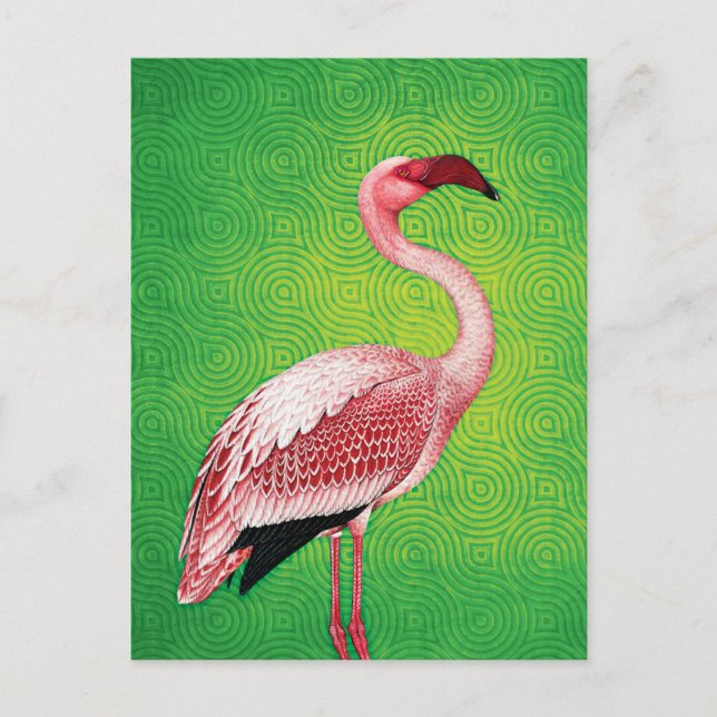 Pink Flamingo auf Retro Green Pattern Postkarte (Vorderseite)