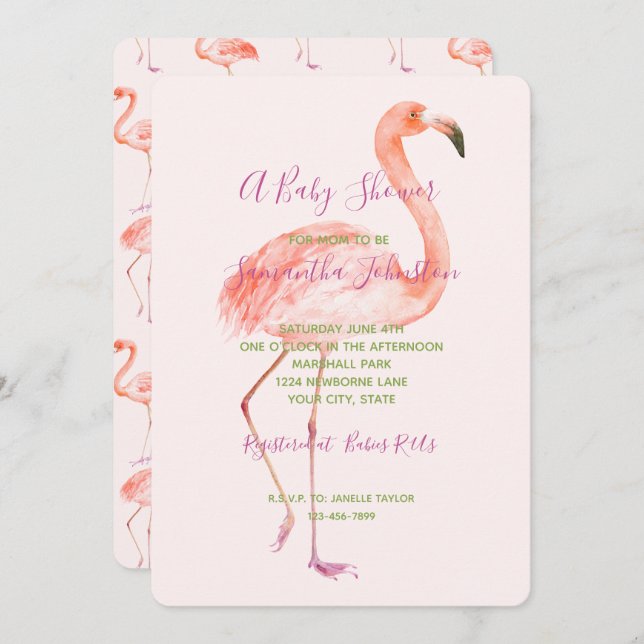 Pink Flamingo Baby Dusche Einladung (Vorne/Hinten)