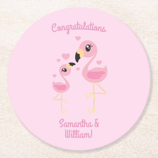Pink Flamingo Baby Dusche Runder Pappuntersetzer (Vorderseite)