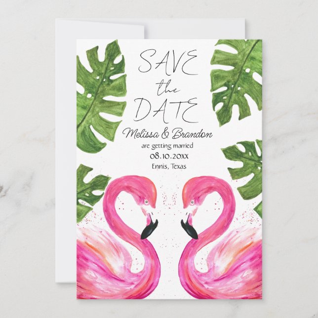 Pink Flamingo Beach Blätter Tropische Hochzeit Einladung (Vorderseite)