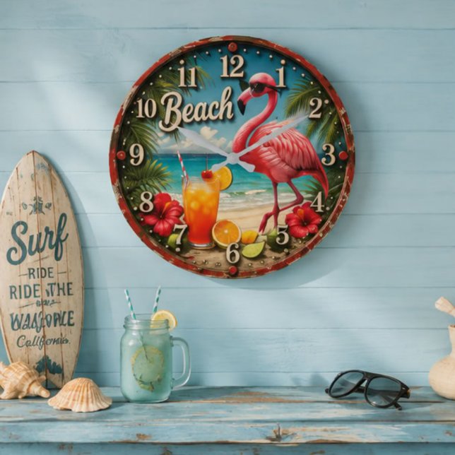 Pink Flamingo Beach Große Wanduhr (Von Creator hochgeladen)