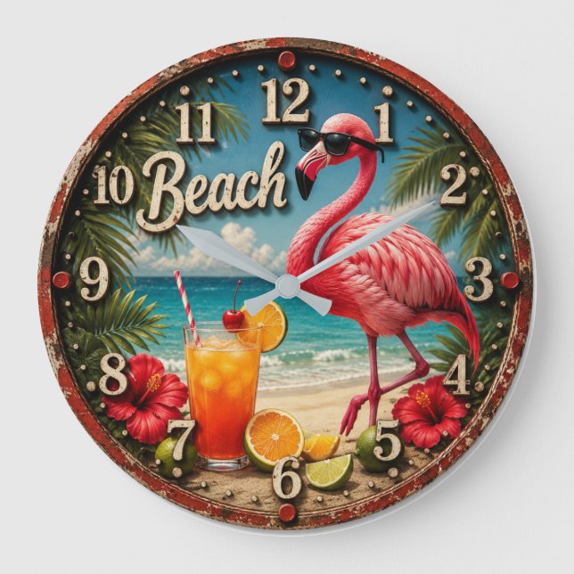 Pink Flamingo Beach Große Wanduhr (Vorderseite)
