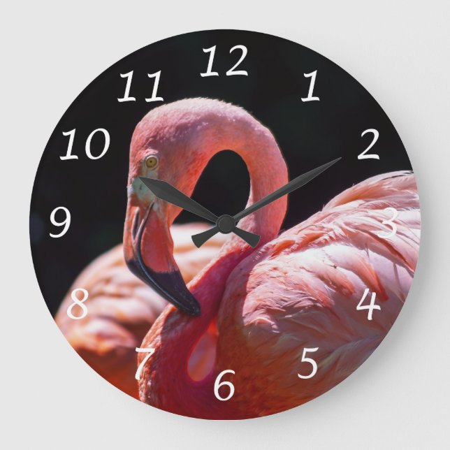 Pink Flamingo Bird Wall Clock Große Wanduhr (Vorderseite)