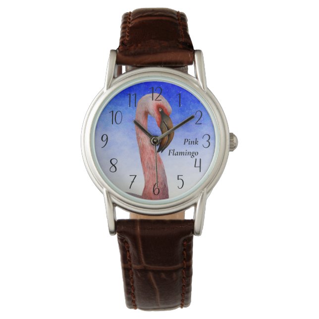 Pink Flamingo Bird Wasserfarbe Malerei Poster Armbanduhr (Vorderseite)