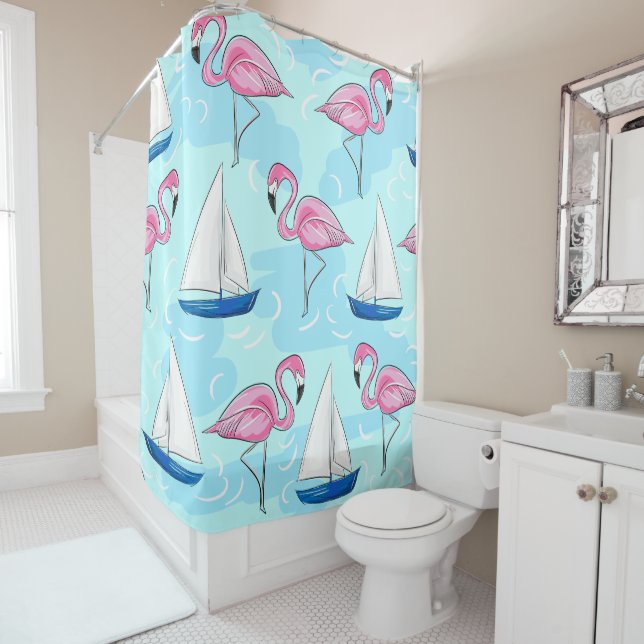 Pink Flamingo Blue Sailboat Preppy Duschvorhang (Beispiel)