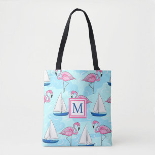 Pink Flamingo Blue Sailboat Preppy Monogram