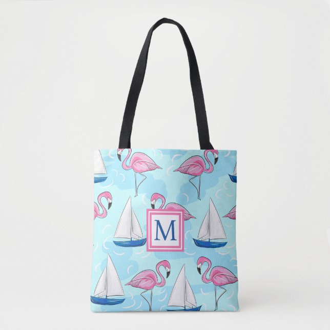 Pink Flamingo Blue Sailboat Preppy Monogram (Vorderseite)