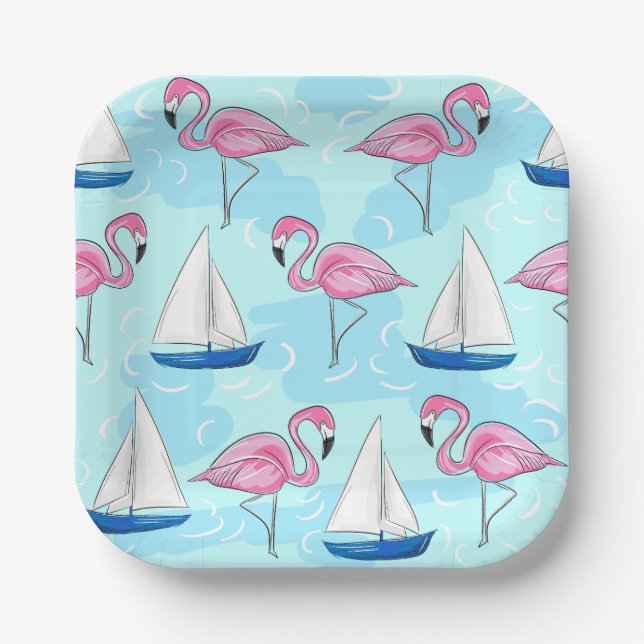 Pink Flamingo Blue Sailboat Preppy Pappteller (Vorderseite)