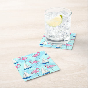 Pink Flamingo Blue Sailboat Preppy Rechteckiger Pappuntersetzer