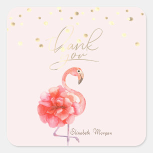 Pink Flamingo Blume, Gold Confetti Vielen Dank Quadratischer Aufkleber