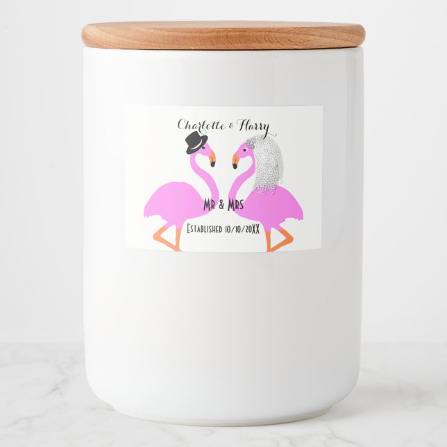 Pink Flamingo Bride & Groom Personalisiert Lebensmitteletikett (Vorderseite)
