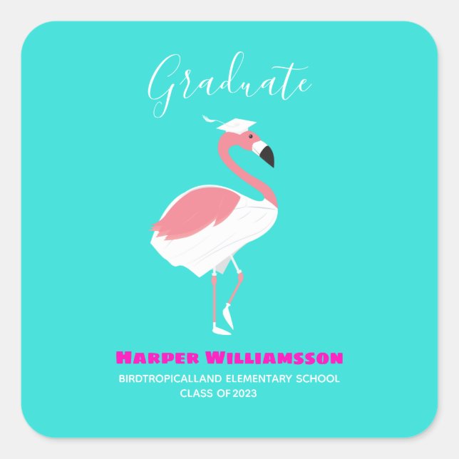 Pink Flamingo Bright Blue Abschluss Quadratischer Aufkleber (Vorderseite)