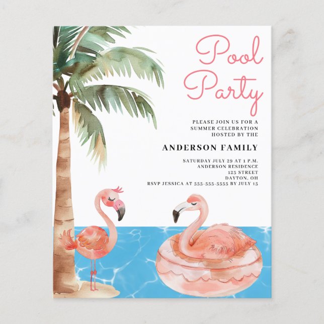 Pink Flamingo Budget Pool Party Einladung Flyer (Vorne)
