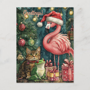 Pink Flamingo Cat & Frosch Tropische Weihnachten