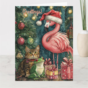 Pink Flamingo Cat & Frosch Tropische Weihnachten Karte