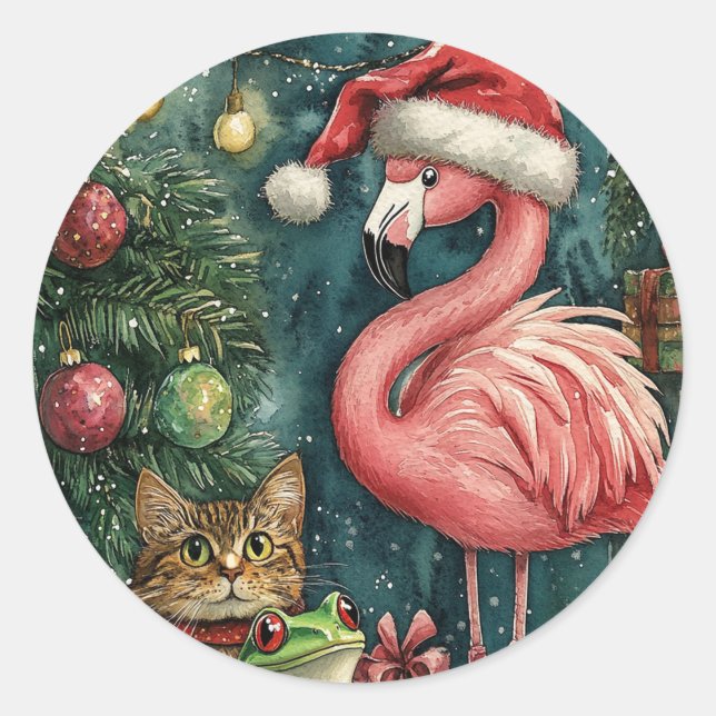 Pink Flamingo Cat & Frosch Tropische Weihnachten Runder Aufkleber (Vorderseite)