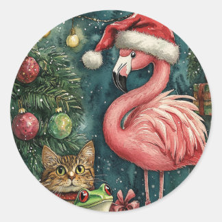 Pink Flamingo Cat & Frosch Tropische Weihnachten Runder Aufkleber