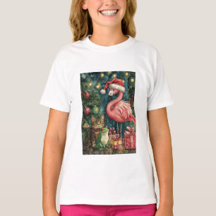 Pink Flamingo Cat & Frosch Tropische Weihnachten T-Shirt