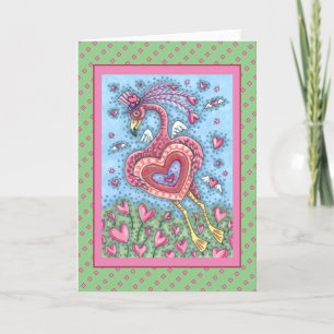 PINK FLAMINGO CUPID AND FLYYY HEARTS VALENTINE FEIERTAGSKARTE