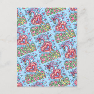 PINK FLAMINGO CUPID AND FLYYY HEARTS VALENTINE FEIERTAGSPOSTKARTE