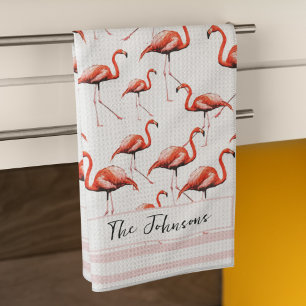 Pink Flamingo Design Custom Family Name Summer Geschirrtuch