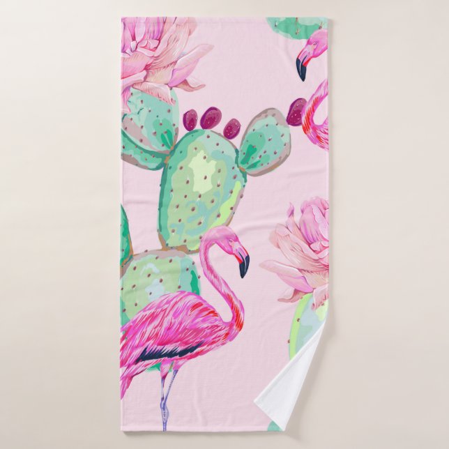 Pink flamingo, exotic birds, gentle flowers, rose, badehandtuch (Badehandtuch)
