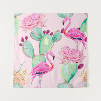 Pink flamingo, exotic birds, gentle flowers, rose, wandteppich